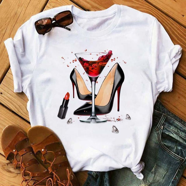 Women'S Wine Glass High Heels Printed Dress - Amazhona 