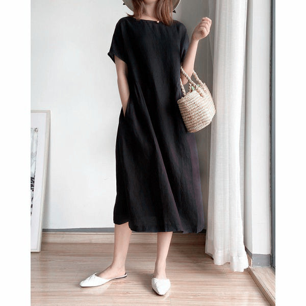 Simple Literary Fan Loose Slim Dress - Amazhona 