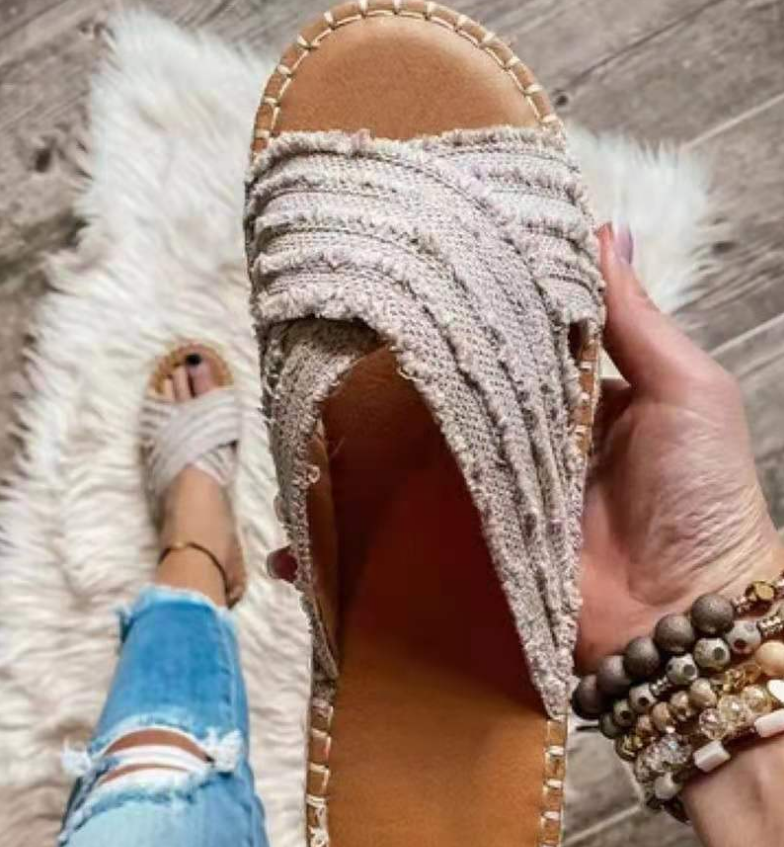 Flat Toe Tassel Plus Size Sandals Women One Word Flat Cross Slippers Women - Amazhona 