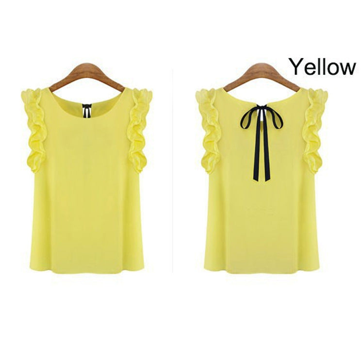 Bow tie chiffon shirt round neck solid top - Amazhona 