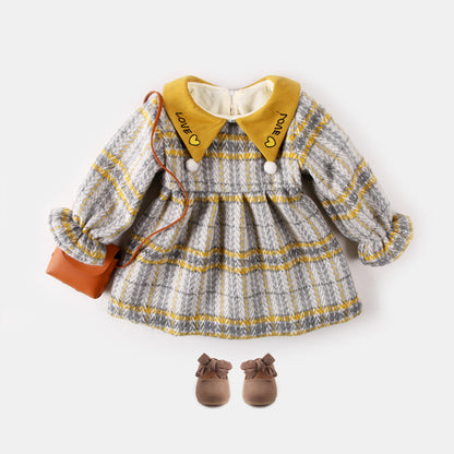 Autumn and winter plus velvet plaid thickened baby girl dress - Amazhona 