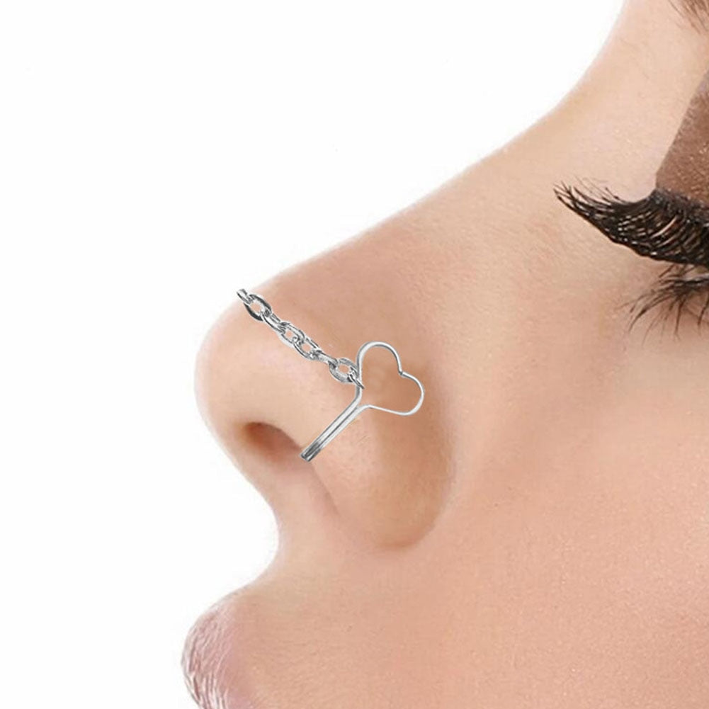 1PCS Fake Piercing Nose Cuff Chain Stainless Steel Heart Fake Nose Ring With Chain Piercing Nariz Fake Nose Cuff Clip On Jewelry - Amazhona 