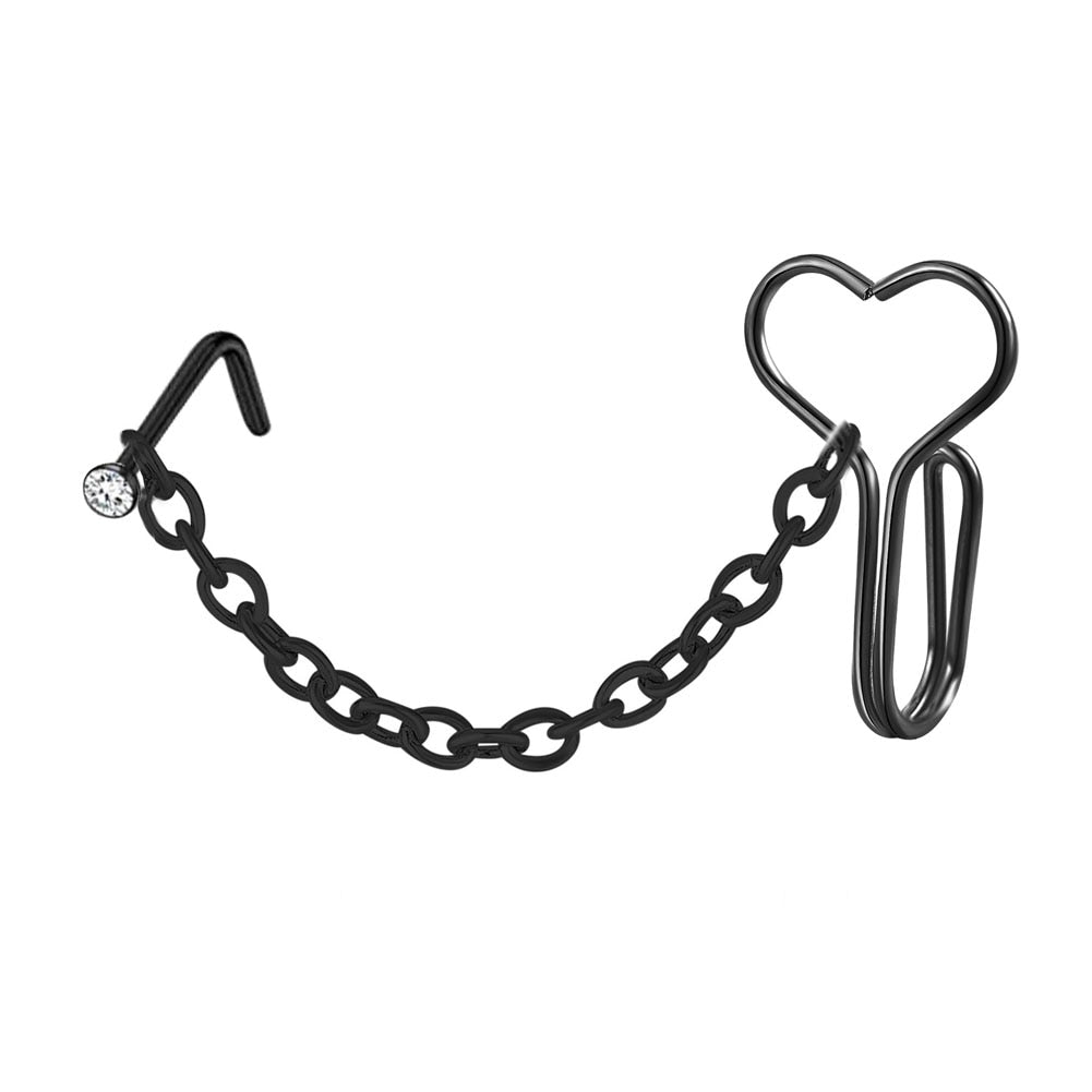 1PCS Fake Piercing Nose Cuff Chain Stainless Steel Heart Fake Nose Ring With Chain Piercing Nariz Fake Nose Cuff Clip On Jewelry - Amazhona 