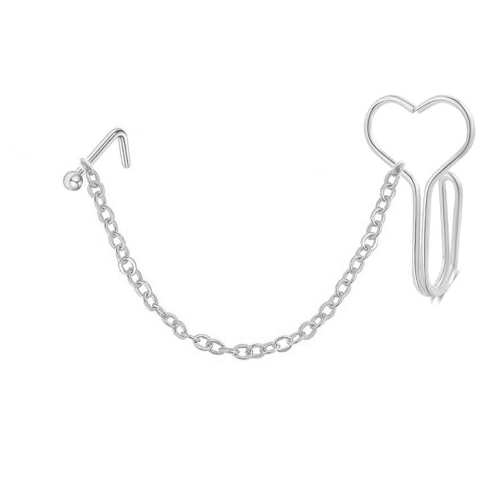 1PCS Fake Piercing Nose Cuff Chain Stainless Steel Heart Fake Nose Ring With Chain Piercing Nariz Fake Nose Cuff Clip On Jewelry - Amazhona 