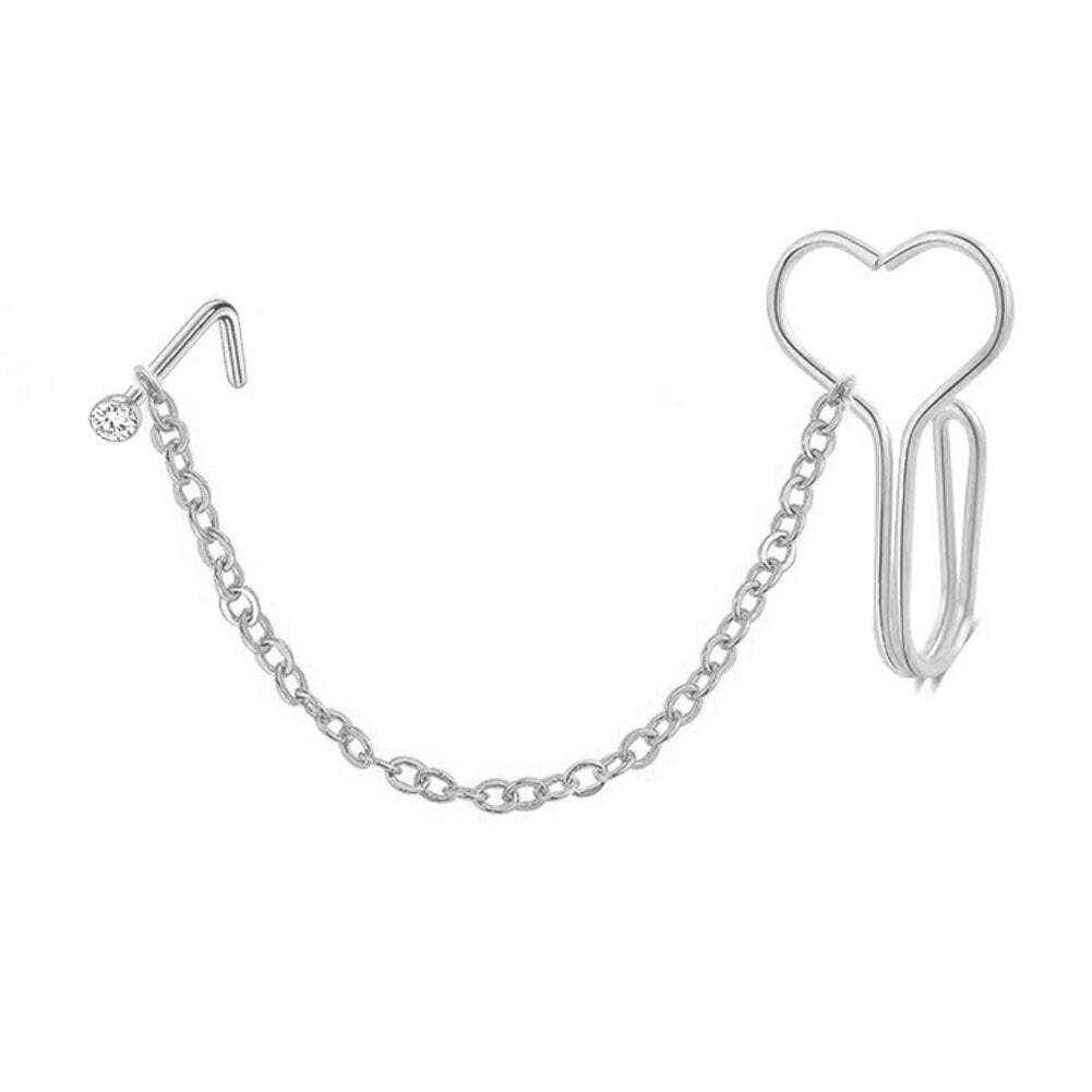 1PCS Fake Piercing Nose Cuff Chain Stainless Steel Heart Fake Nose Ring With Chain Piercing Nariz Fake Nose Cuff Clip On Jewelry - Amazhona 