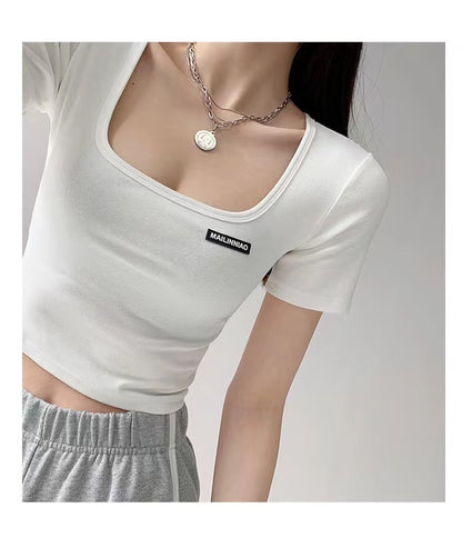 Square Neck Collarbone Tight Base Summer Hot Girl Short-sleeved Slim Top - Amazhona 