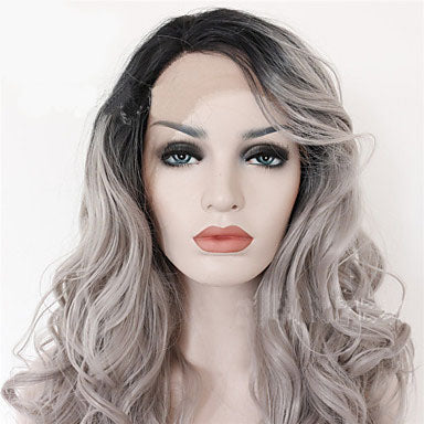 2 Tones synthetic lace wig grey black Ombre wavy wigs long curly hair - Amazhona 