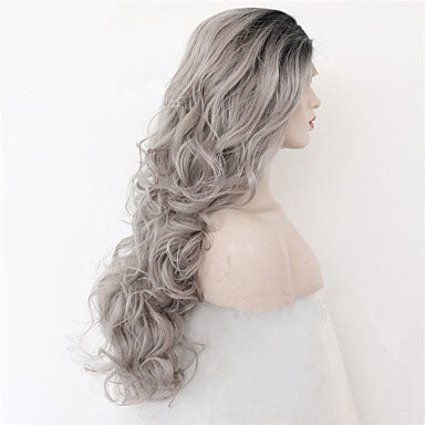 2 Tones synthetic lace wig grey black Ombre wavy wigs long curly hair - Amazhona 