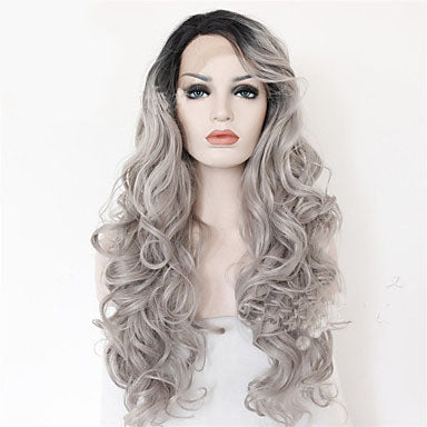 2 Tones synthetic lace wig grey black Ombre wavy wigs long curly hair - Amazhona 