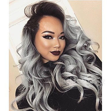 2 Tones synthetic lace wig grey black Ombre wavy wigs long curly hair - Amazhona 