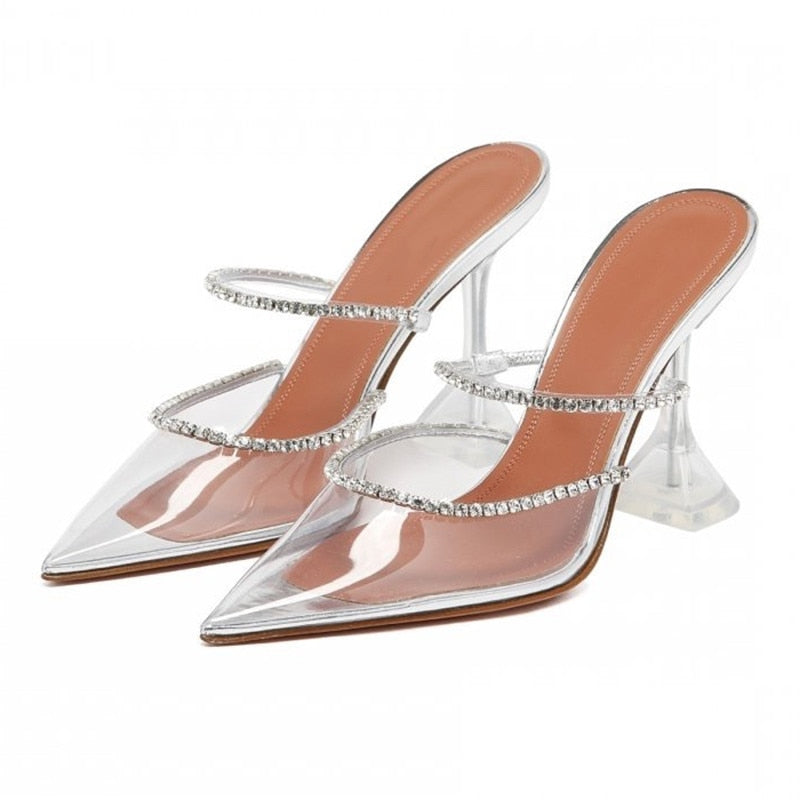 2021 Rhinestones satin Women Pumpsppers Elega Slint Pointed toe High heels Lady Mules Sildes Summer Fashion Party prom Shoes - Amazhona 