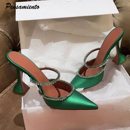 2021 Rhinestones satin Women Pumpsppers Elega Slint Pointed toe High heels Lady Mules Sildes Summer Fashion Party prom Shoes - Amazhona 