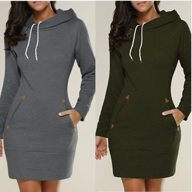 2021 Spring And Autumn Ladies Knee-Length Dress Hooded Warm Sweatshirt Long Sleeve Camp Collar Pocket Simple Casual Sports Dress - Amazhona 