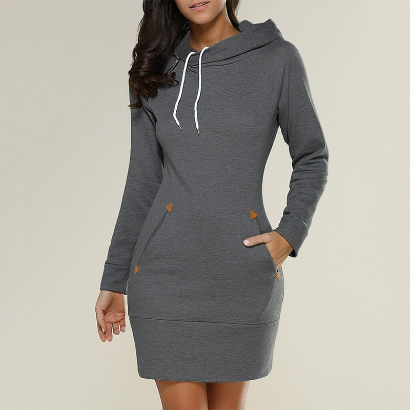 2021 Spring And Autumn Ladies Knee-Length Dress Hooded Warm Sweatshirt Long Sleeve Camp Collar Pocket Simple Casual Sports Dress - Amazhona 