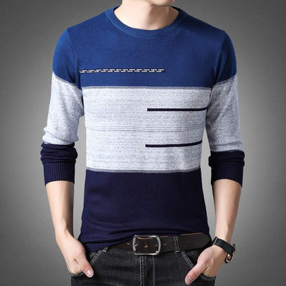 2021 Winter Pullover Men Round Collar Striped Cotton Sweaters Slim Fit Pull Homme Knitwear - Amazhona 