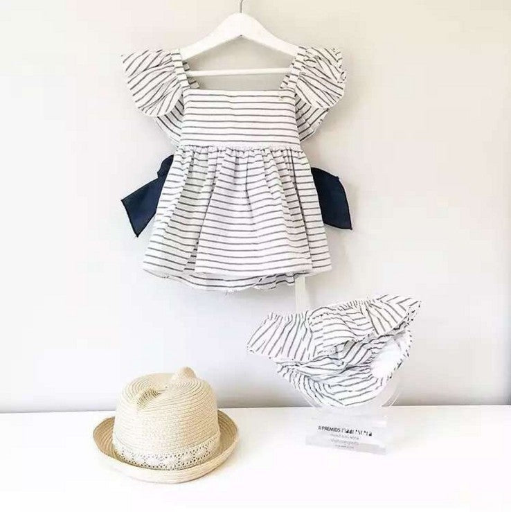 2021ins explodes, baby girl, baby stripe dress, shorts suit, princess skirt, big bow knot - Amazhona 