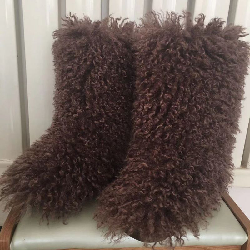 2022 Fashion Winter Lamb Skin Boots Long Hair Faux Mongolian Sheep Fur Boots Cover - Amazhona 