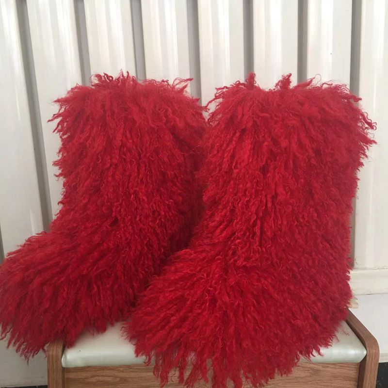 2022 Fashion Winter Lamb Skin Boots Long Hair Faux Mongolian Sheep Fur Boots Cover - Amazhona 