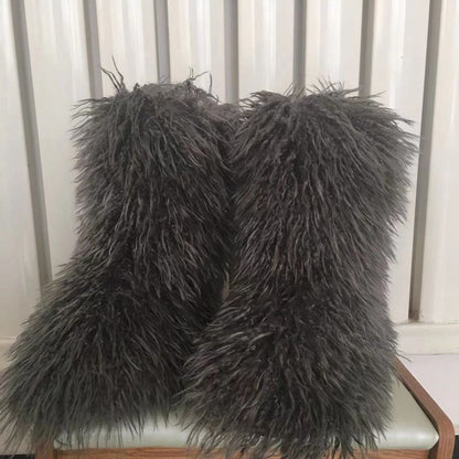 2022 Fashion Winter Lamb Skin Boots Long Hair Faux Mongolian Sheep Fur Boots Cover - Amazhona 