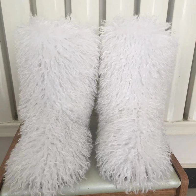 2022 Fashion Winter Lamb Skin Boots Long Hair Faux Mongolian Sheep Fur Boots Cover - Amazhona 