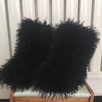 2022 Fashion Winter Lamb Skin Boots Long Hair Faux Mongolian Sheep Fur Boots Cover - Amazhona 