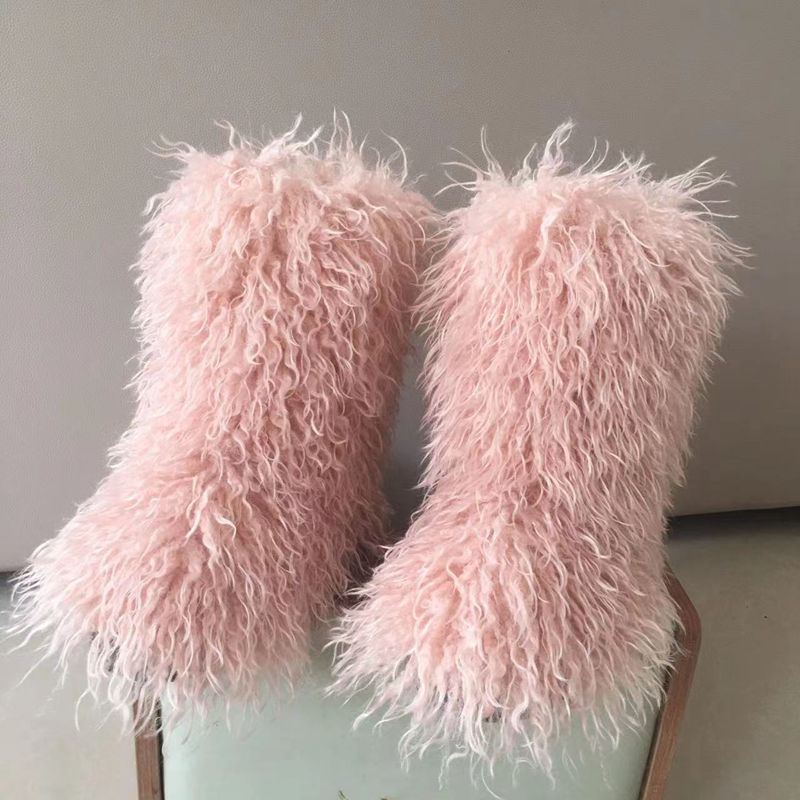 2022 Fashion Winter Lamb Skin Boots Long Hair Faux Mongolian Sheep Fur Boots Cover - Amazhona 