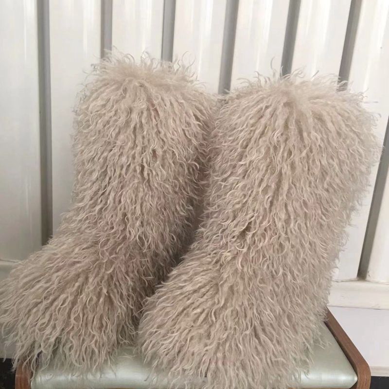 2022 Fashion Winter Lamb Skin Boots Long Hair Faux Mongolian Sheep Fur Boots Cover - Amazhona 