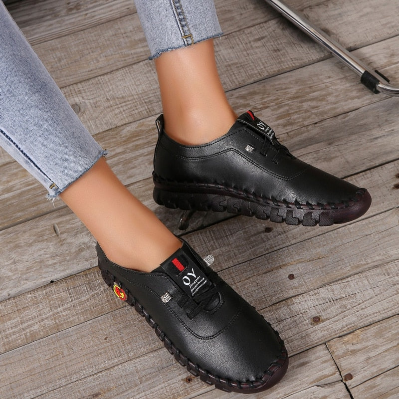 2022 New Spring Casual Women Shoes Platform Loafers 2022 Lace Up Leather Flats Slip-On Mom Shoe Mujer Zapatos Chaussure Femme - Amazhona 