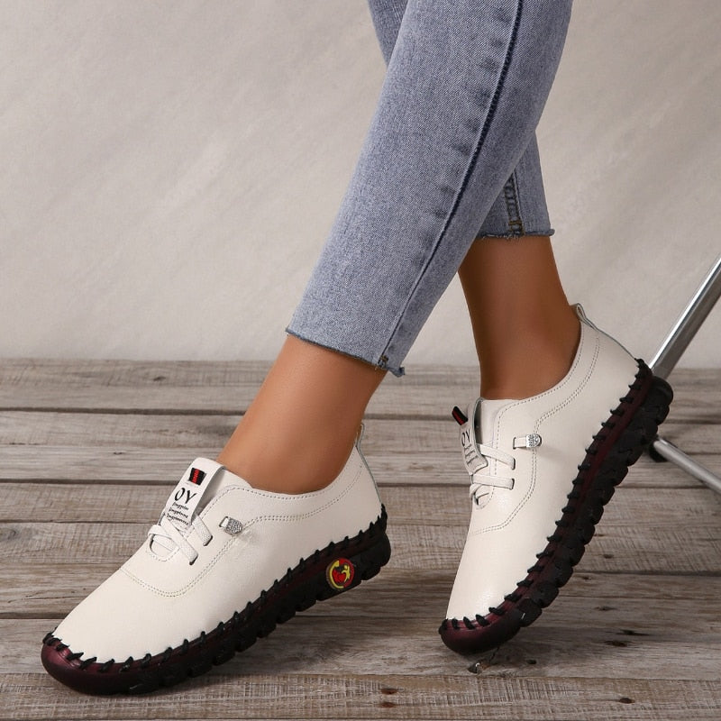 2022 New Spring Casual Women Shoes Platform Loafers 2022 Lace Up Leather Flats Slip-On Mom Shoe Mujer Zapatos Chaussure Femme - Amazhona 