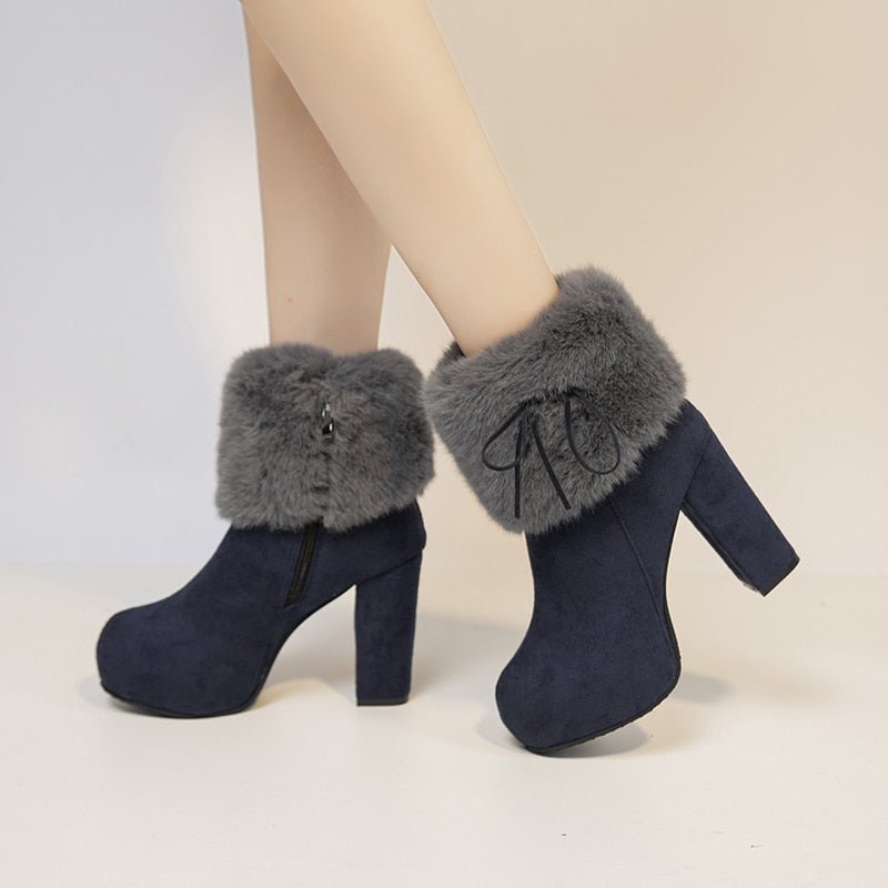 2022 New Winter Women High Heels Shoes Warm Non-slip Block Cow Suede Warm Snow Boots Fashion Designer Crystal Plush Goth Botas - Amazhona 