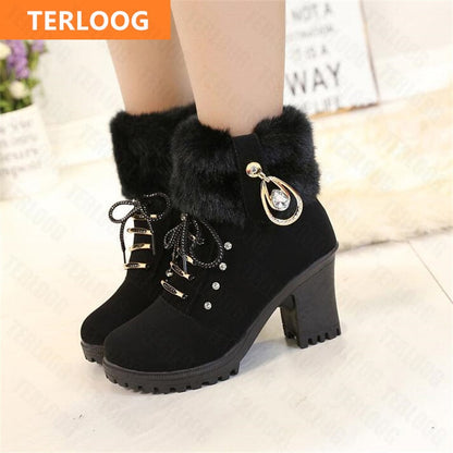 2022 New Winter Women High Heels Shoes Warm Non-slip Block Cow Suede Warm Snow Boots Fashion Designer Crystal Plush Goth Botas - Amazhona 