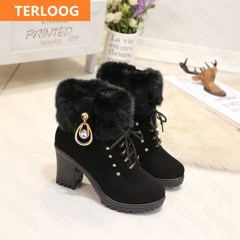 2022 New Winter Women High Heels Shoes Warm Non-slip Block Cow Suede Warm Snow Boots Fashion Designer Crystal Plush Goth Botas - Amazhona 