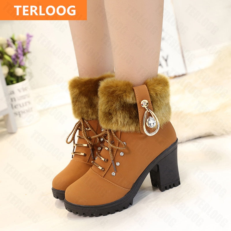 2022 New Winter Women High Heels Shoes Warm Non-slip Block Cow Suede Warm Snow Boots Fashion Designer Crystal Plush Goth Botas - Amazhona 