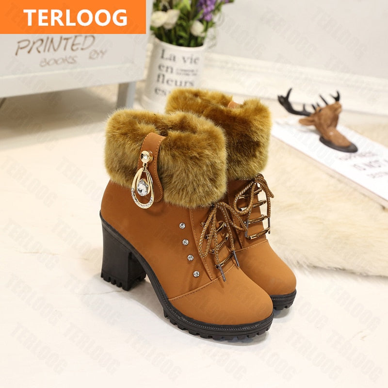 2022 New Winter Women High Heels Shoes Warm Non-slip Block Cow Suede Warm Snow Boots Fashion Designer Crystal Plush Goth Botas - Amazhona 