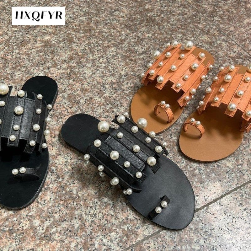 2022 New Women Slippers Summer Pearl Women Slides Flat Casual Outside Women Beach Leather Slippers Large Size 36-43 Women Shoes - Amazhona 