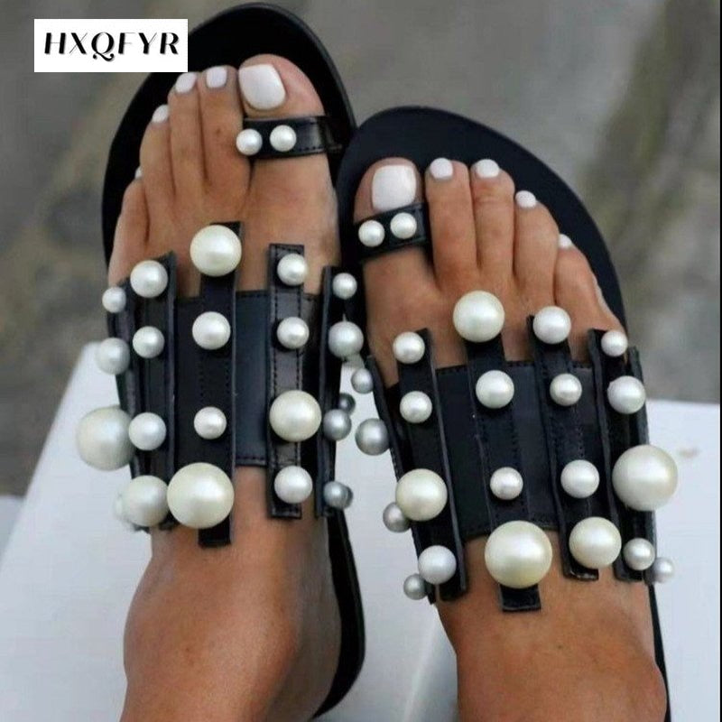 2022 New Women Slippers Summer Pearl Women Slides Flat Casual Outside Women Beach Leather Slippers Large Size 36-43 Women Shoes - Amazhona 