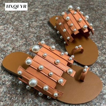 2022 New Women Slippers Summer Pearl Women Slides Flat Casual Outside Women Beach Leather Slippers Large Size 36-43 Women Shoes - Amazhona 