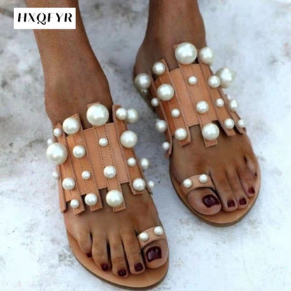 2022 New Women Slippers Summer Pearl Women Slides Flat Casual Outside Women Beach Leather Slippers Large Size 36-43 Women Shoes - Amazhona 