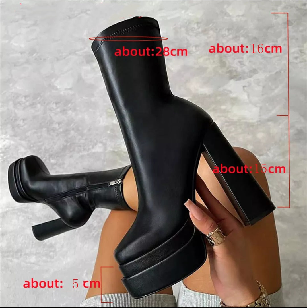 2022 Sexy Chunky High Heels Ankle Shoes For Women Punk Style Zipper Thick Platform Elasticity Microfiber Boots Sapatos Femininos - Amazhona 