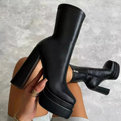 2022 Sexy Chunky High Heels Ankle Shoes For Women Punk Style Zipper Thick Platform Elasticity Microfiber Boots Sapatos Femininos - Amazhona 