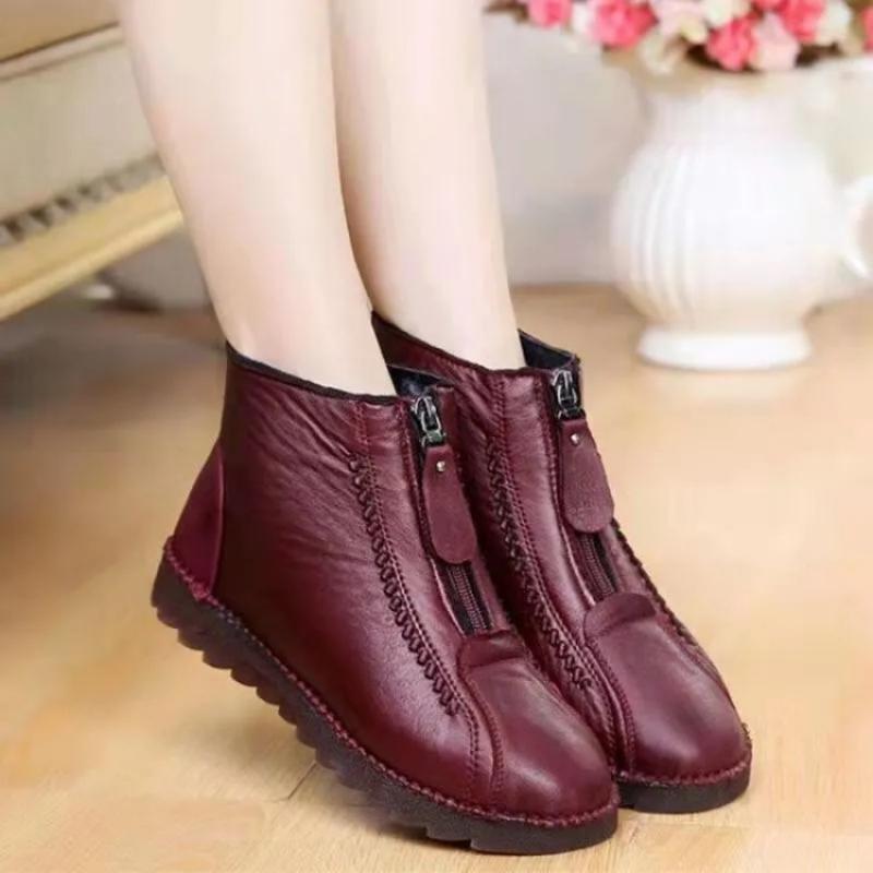 2022 Winter Women Ankle Boots Fashion Warm Mother's Boots Flat-Bottom Comfortable Non Slip Front Zipper Closure Female Footwear - Amazhona 