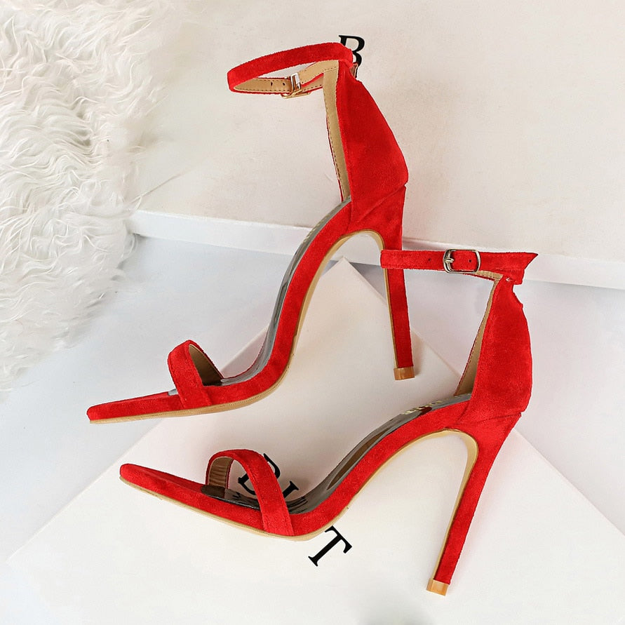 2022 Women 10cm High Heels Flock Stripper Sandals Female Fetish Strappy Red Shoes Lady Valentine Green Summer Classic Sexy Pumps - Amazhona 