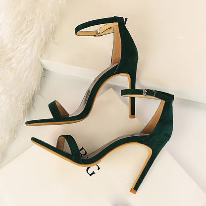 2022 Women 10cm High Heels Flock Stripper Sandals Female Fetish Strappy Red Shoes Lady Valentine Green Summer Classic Sexy Pumps - Amazhona 