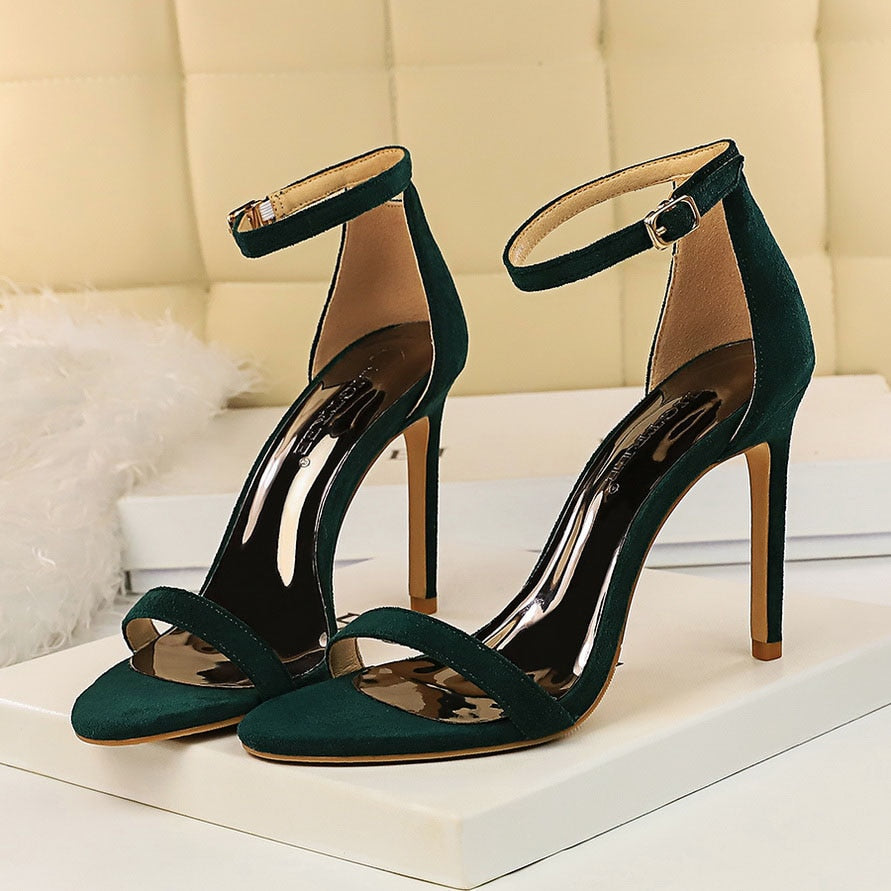 2022 Women 10cm High Heels Flock Stripper Sandals Female Fetish Strappy Red Shoes Lady Valentine Green Summer Classic Sexy Pumps - Amazhona 