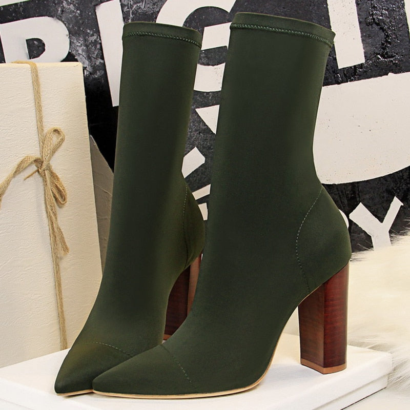 2022 Women 10cm High Heels Silk Sock Boots Female Green Short Ankle Boots Lady Stripper Winter Pointed Toe Gothic Designer Shoes - Amazhona 