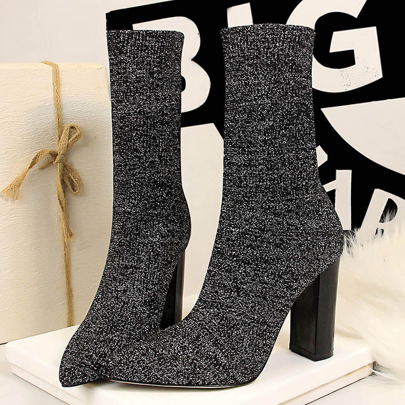 2022 Women 10cm High Heels Silk Sock Boots Female Green Short Ankle Boots Lady Stripper Winter Pointed Toe Gothic Designer Shoes - Amazhona 