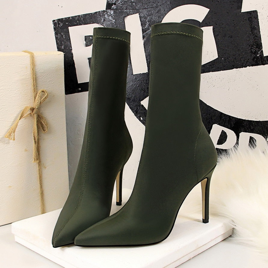 2022 Women 10cm High Heels Silk Sock Boots Female Green Short Ankle Boots Lady Stripper Winter Pointed Toe Gothic Designer Shoes - Amazhona 