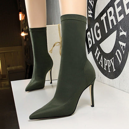 2022 Women 10cm High Heels Silk Sock Boots Female Green Short Ankle Boots Lady Stripper Winter Pointed Toe Gothic Designer Shoes - Amazhona 