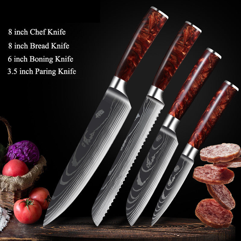 Red Resin Handle Damascus Laser Pattern Set Kitchen Knife - Amazhona 