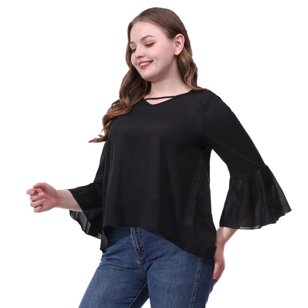 Plus size women's long-sleeved chiffon T-shirt top - Amazhona 